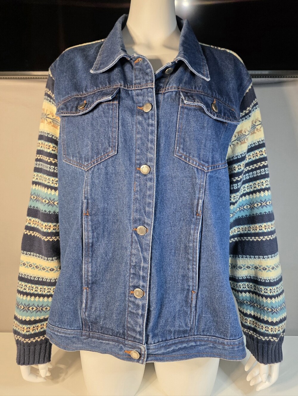 Rustic Denim Jacket with Patterned Knit Sleeves Size 2X